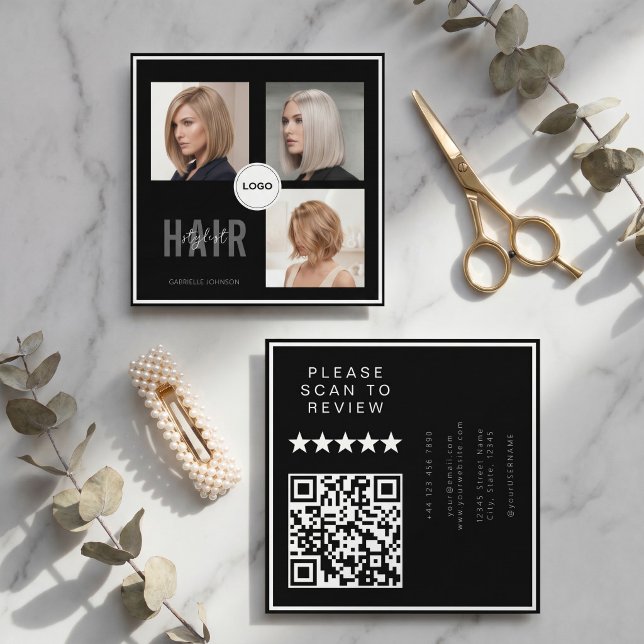 Carte De Visite Carré Code QR de Collage de Photos de Coiffeur pour Chev (Créateur téléchargé)