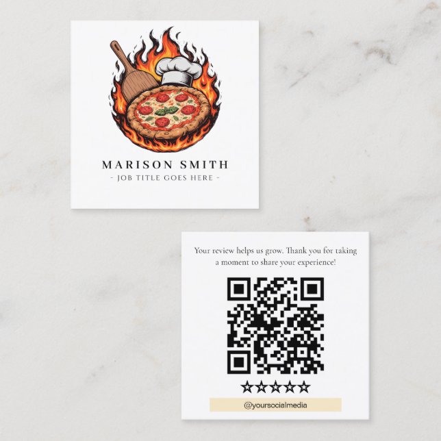 Carte De Visite Carré Code QR de critique de restaurant de pizza  (Devant / Derrière)