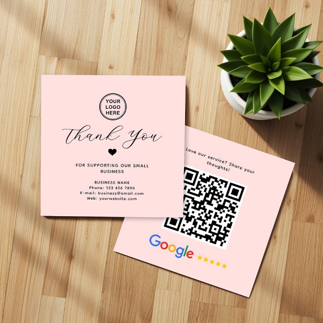 Carte De Visite Carré Code QR de Google Review Merci Carré Rose (Créateur téléchargé)