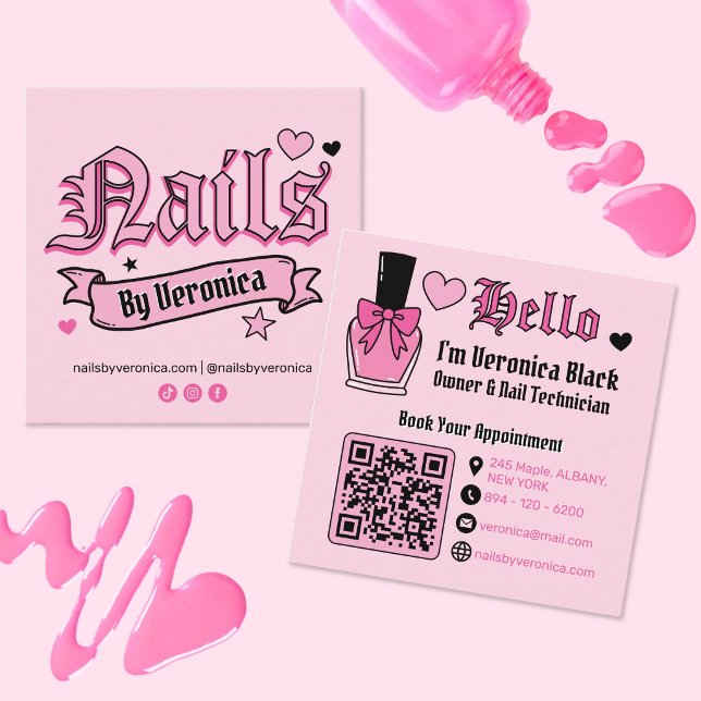 Carte De Visite Carré Code QR de lettrage gothique de technologie d'ongl (Pink Nail Tech Gothic Lettering QR Code Square Business Card)