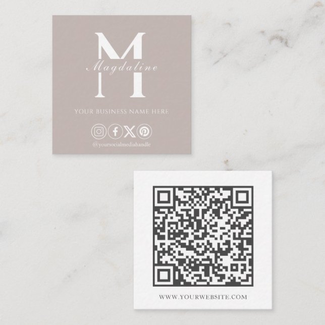 Carte De Visite Carré Code QR de logo monogramme simple Taupe chaud (Devant / Derrière)
