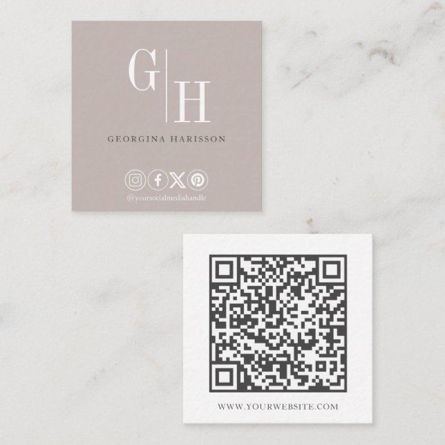 Carte De Visite Carré Code QR de logo monogramme taupe chaud simple (Devant / Derrière)