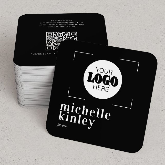 Carte De Visite Carré Code QR de logo personnalisé moderne noir (Créateur téléchargé)