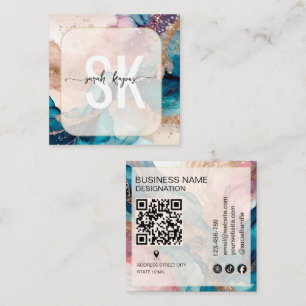 Carte De Visite Carré Code QR de monogramme à feuille d'or et aquarelle