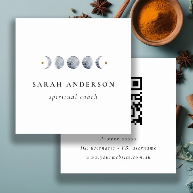 Carte De Visite Carré Code QR de phase de lune céleste gris simple (Créateur téléchargé)