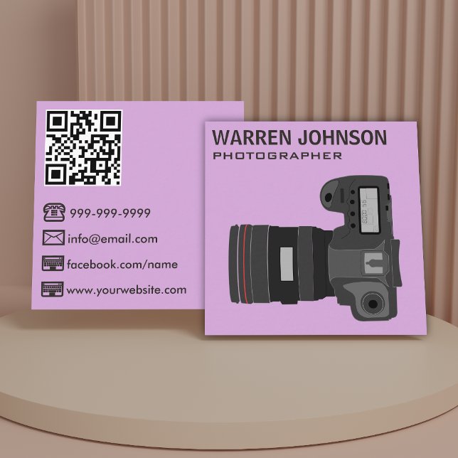 Carte De Visite Carré Code QR de photographe moderne violet (Créateur téléchargé)