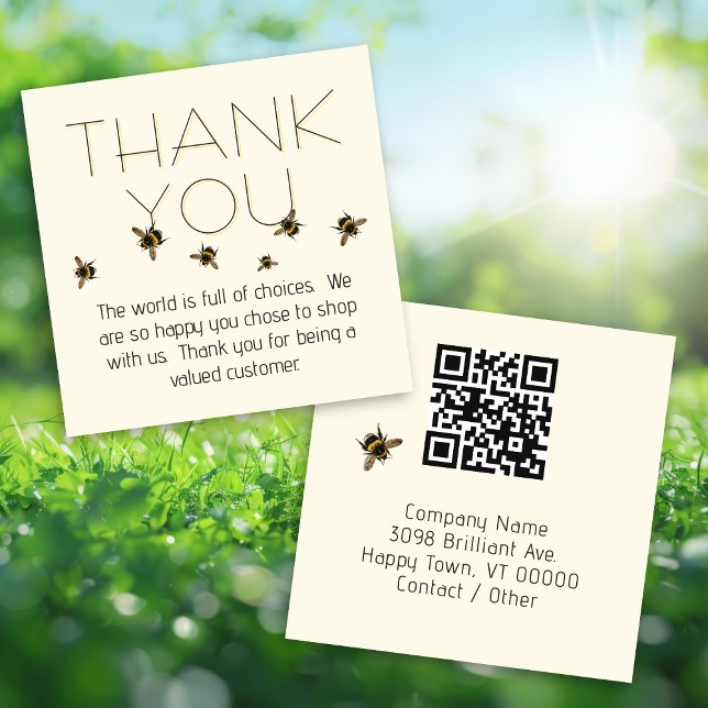 Carte De Visite Carré Code QR de remerciement aux clients avec abeilles (Créateur téléchargé)