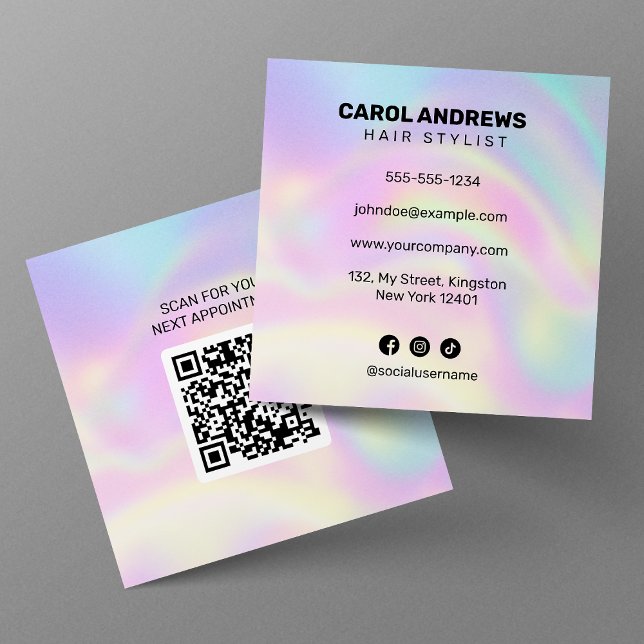 Carte De Visite Carré Code QR de rendez-vous de coiffeur holographique p (Créateur téléchargé)