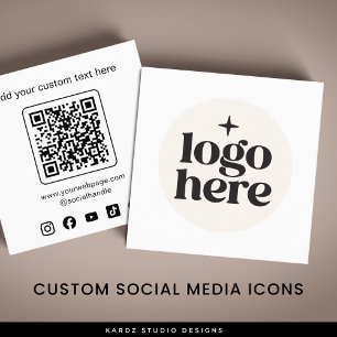 Carte De Visite Carré Code QR de Réseaux Sociaux avec Logo Minimal Blanc