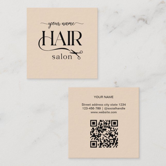 Carte De Visite Carré Code QR de salon de coiffure Script Ciseaux Beige (Devant / Derrière)