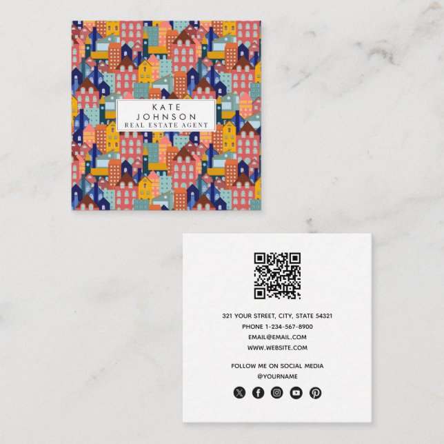 Carte De Visite Carré Code QR des maisons de quartier de ville (Devant / Derrière)