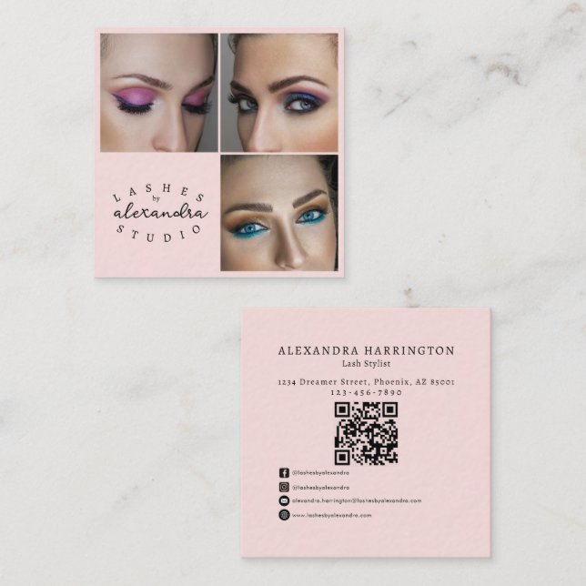 Carte De Visite Carré Code QR d'icône sociale écriture rose Blush Photo  (Devant / Derrière)
