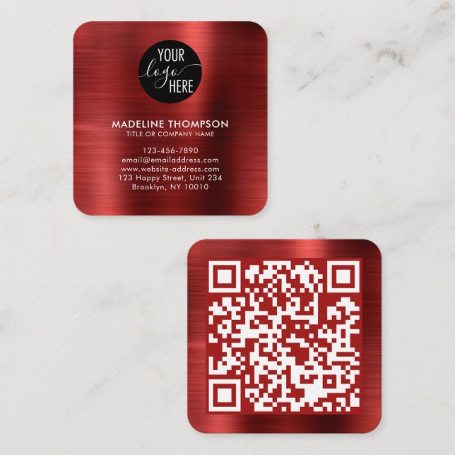 Carte De Visite Carré Code QR du logo de la société Rouge métallique bro (Devant / Derrière)