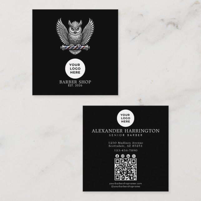 Carte De Visite Carré Code QR du logo professionnel Silver Owl Barber Sh (Devant / Derrière)