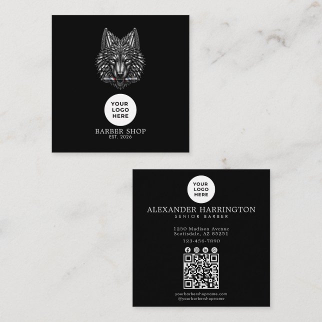 Carte De Visite Carré Code QR du logo professionnel Silver Wolf Barbersh (Devant / Derrière)