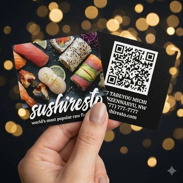 Carte De Visite Carré Code QR du restaurant asiatique de photo élégante (Elegant Photo Asian Restaurant QR Code Square Business Card)