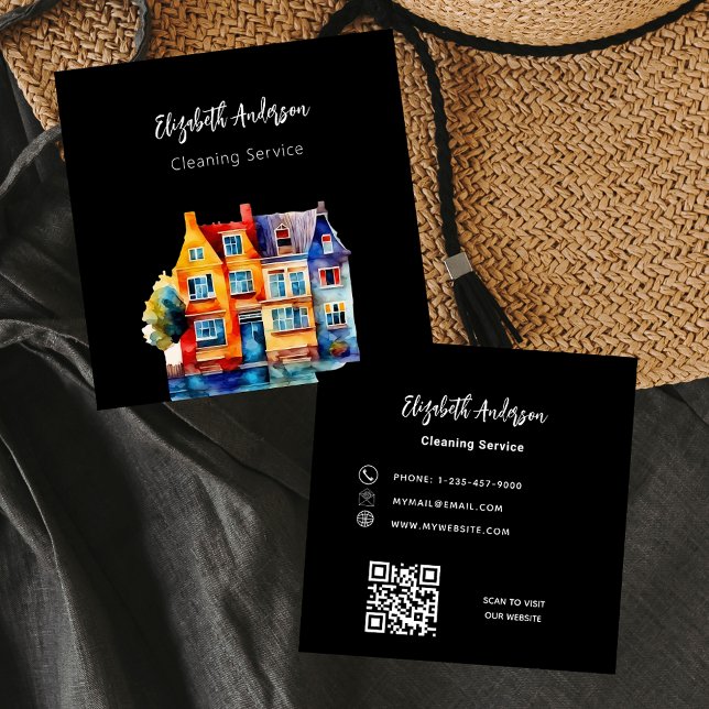 Carte De Visite Carré Code QR du service de nettoyage à domicile noir (Créateur téléchargé)