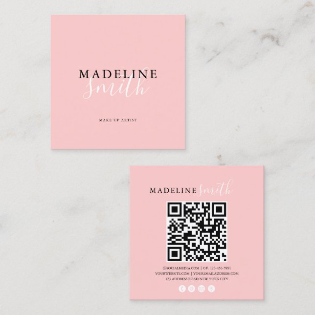 Carte De Visite Carré Code QR écriture rose girly carré (Devant / Derrière)