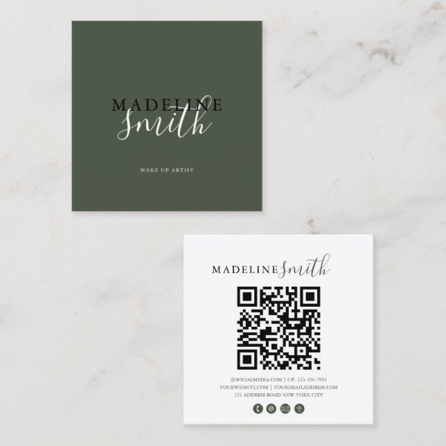 Carte De Visite Carré code QR écriture vert foncé carré (Devant / Derrière)