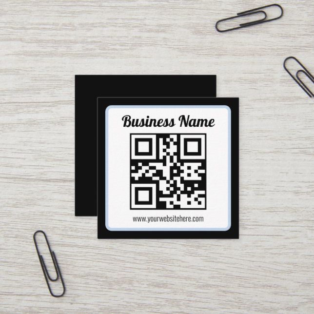 Carte De Visite Carré Code QR éditable & Texte avec bordure bleu clair (Devant/Arrière en situation)