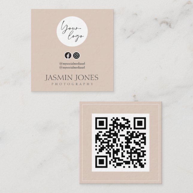 Carte De Visite Carré Code QR Elegant Blush (Devant / Derrière)