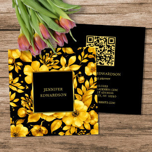 Carte De Visite Carré Code QR élégant fleurs noir or professionnel