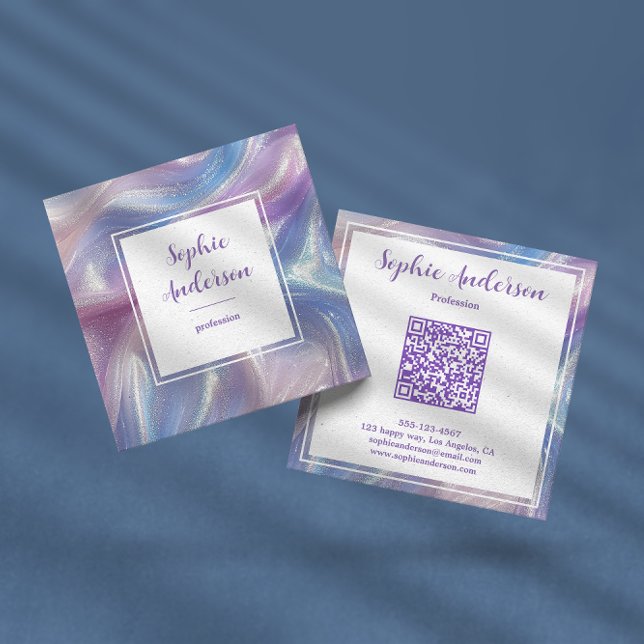 Carte De Visite Carré Code QR élégant Iridescent Glitter Swirl  (Créateur téléchargé)