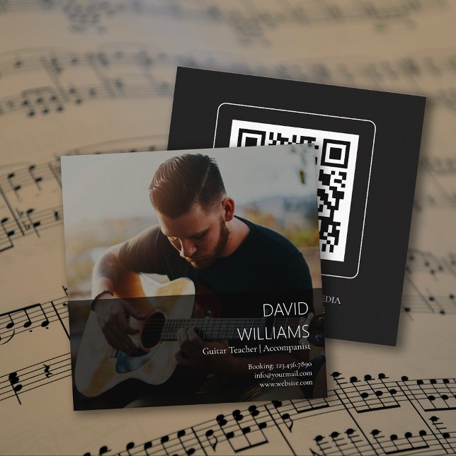 Carte De Visite Carré Code QR Enseignant de Musique Chanteur Compositeur (Photo Music Teacher Singer Songwriter QR Code Square Business Card)
