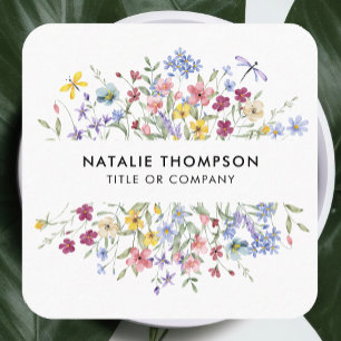 Carte De Visite Carré Code QR Fleur sauvage élégant professionnel