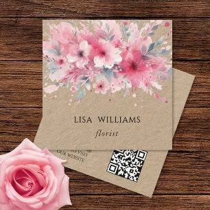 Carte De Visite Carré Code QR Fleurs Roses Kraft Aquarelle