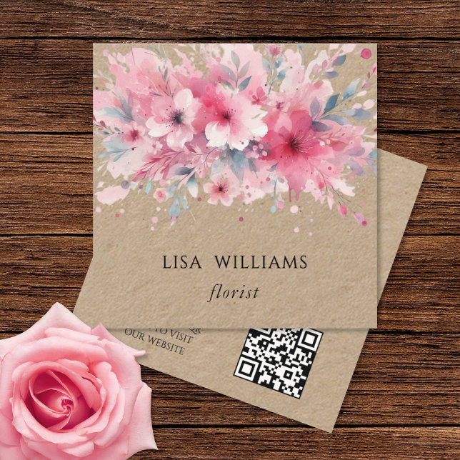 Carte De Visite Carré Code QR | Fleurs Roses Kraft Aquarelle (Créateur téléchargé)