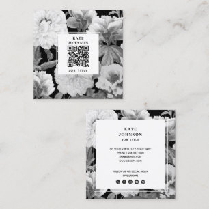Carte De Visite Carré Code QR floral aquarelle Pivoines Noir & Blanc