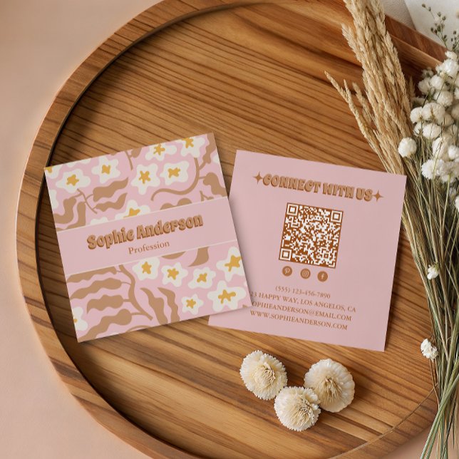 Carte De Visite Carré Code QR Floral Rétro Rose (Créateur téléchargé)