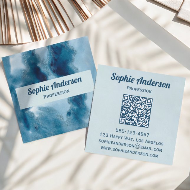 Carte De Visite Carré Code QR Géode Aquarelle Bleue Professionnel (Créateur téléchargé)