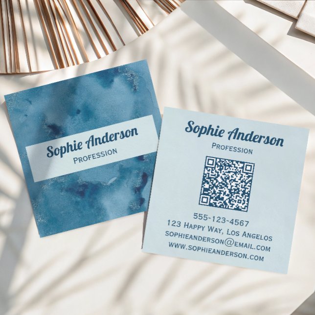 Carte De Visite Carré Code QR Géode Aquarelle Bleue Professionnel (Créateur téléchargé)