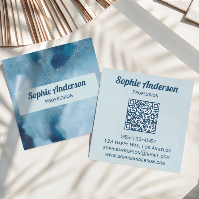 Carte De Visite Carré Code QR Géode Aquarelle Bleue Professionnel (Créateur téléchargé)