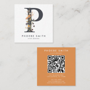 Carte De Visite Carré Code QR initial du Fleur sauvage Boho