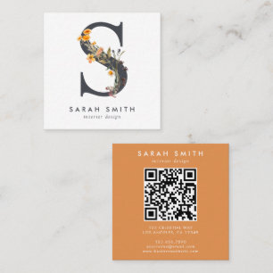 Carte De Visite Carré Code QR initial du Fleur sauvage Boho
