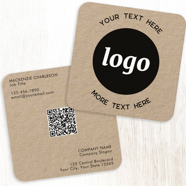 Carte De Visite Carré Code QR Kraft avec logo et texte simple (Logo Qr code and text custom square Kraft business cards)