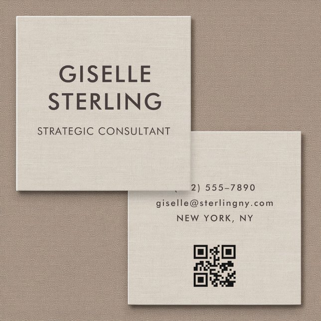 Carte De Visite Carré Code QR Lin Minimalisme Typographie Moderne  (Créateur téléchargé)