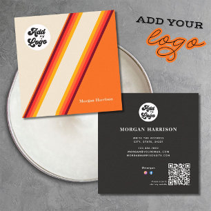 Carte De Visite Carré Code QR Logo Années 70, 80 Rayures Jaune Orange Ré