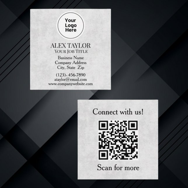 Carte De Visite Carré Code QR Logo Exécutif Gris Professionnel (Crafted with professionalism in mind, our grey business card features your company logo and QR code)