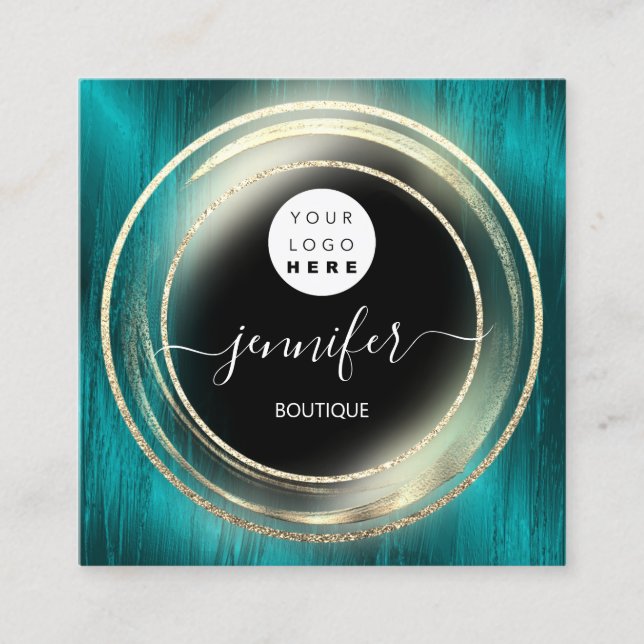 Carte De Visite Carré Code QR Logo Parties scintillant Gold Turquoise Bo (Devant)