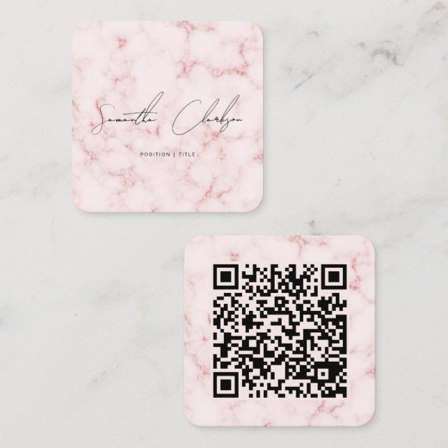 Carte De Visite Carré Code QR Marbre Rose Élégant Écriture Manuscrite (Devant / Derrière)