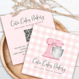 Carte De Visite Carré Code QR mélangeur de cuisine Gingham Rose Pâle Bou