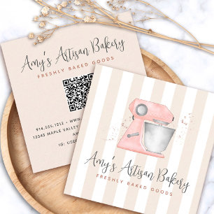 Carte De Visite Carré Code QR mélangeur rose cuisine boulangerie rayures