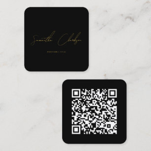Carte De Visite Carré Code QR Minimaliste Écriture Manuscrite Noir & Or