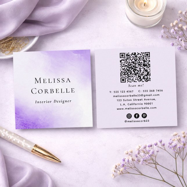 Carte De Visite Carré Code QR Moderne Aquarelle Abstraite Violet & Blanc (Créateur téléchargé)