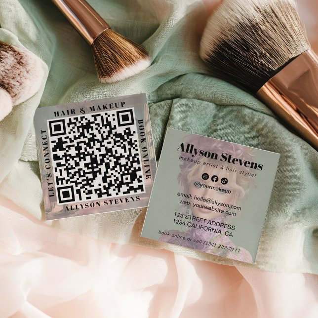 Carte De Visite Carré Code QR Moderne Gras pour Photos de Coiffure & Maq (Modern Bold QR Code Hair & Makeup Photos Square Business Card)