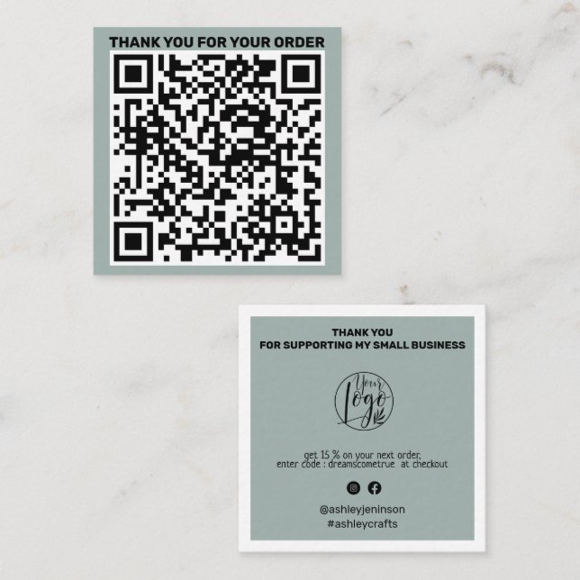 Carte De Visite Carré Code QR moderne merci de commander vert sage (Devant / Derrière)